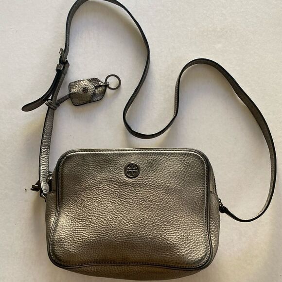 TORY BURCH Double Zipper Metallic Pebbled Leather Shoulder Bag - Picture 1 of 16